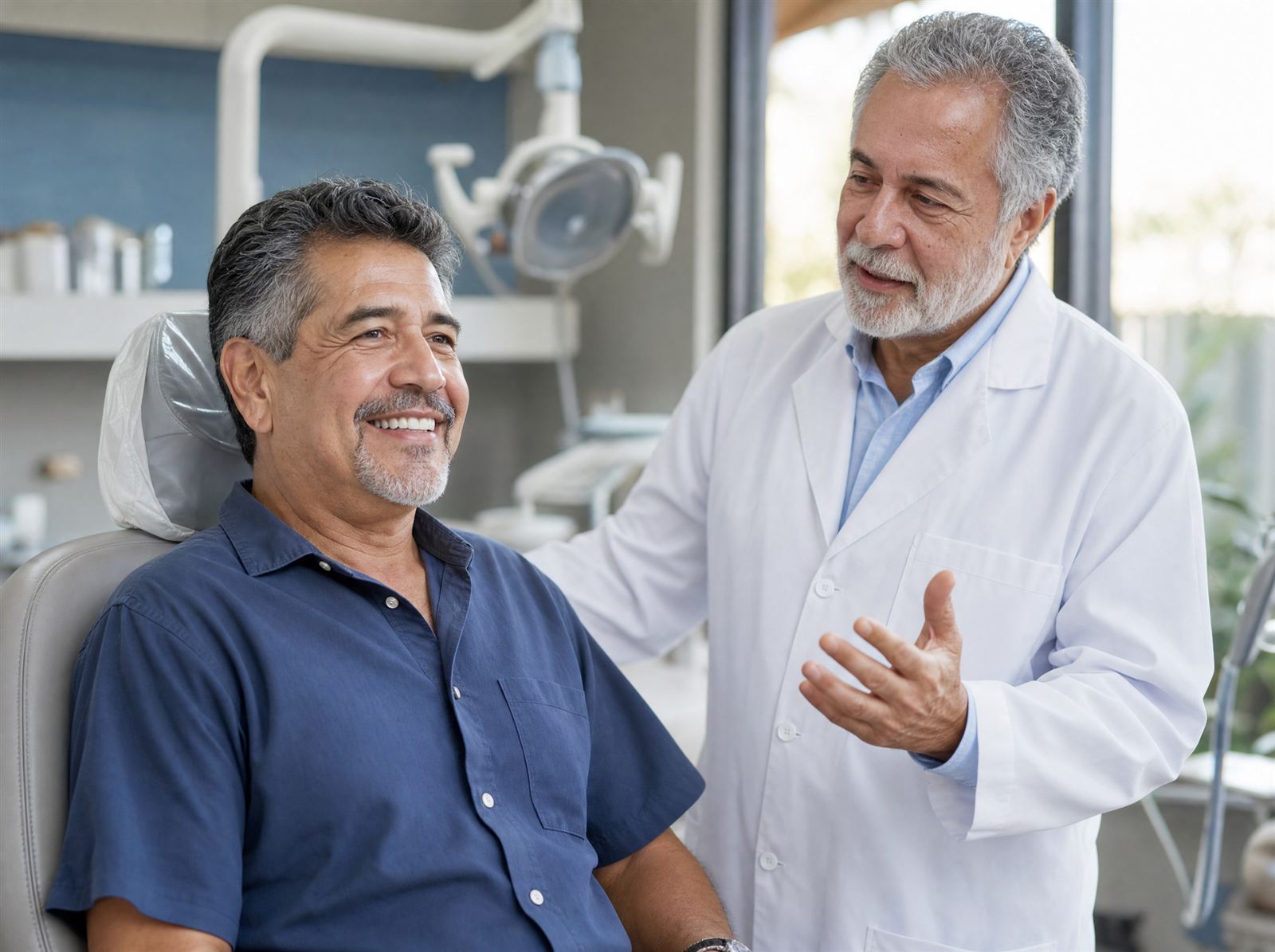 Paciente sonriendo en consulta de implante dental con el Dr. Alberto Hernandez